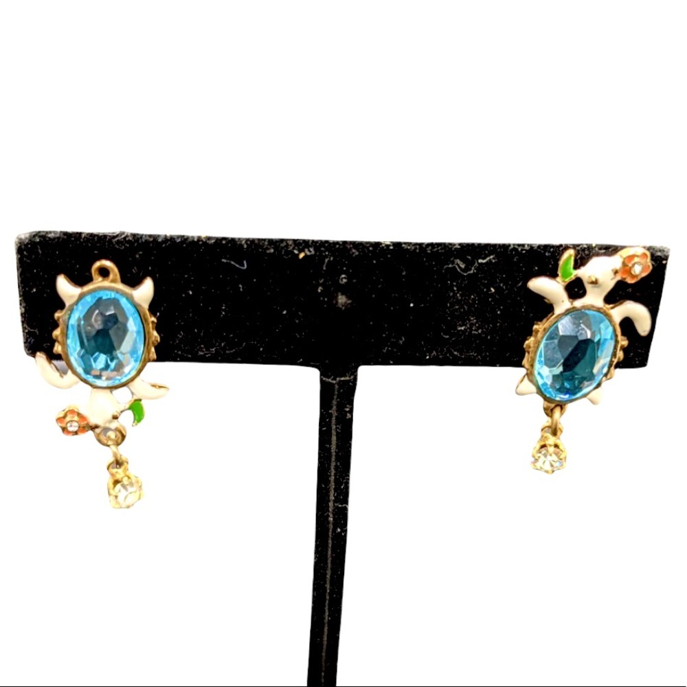 Designer Turtle Dangling Pierced Earrings w Floral, Rhinestone & Gem Detailing